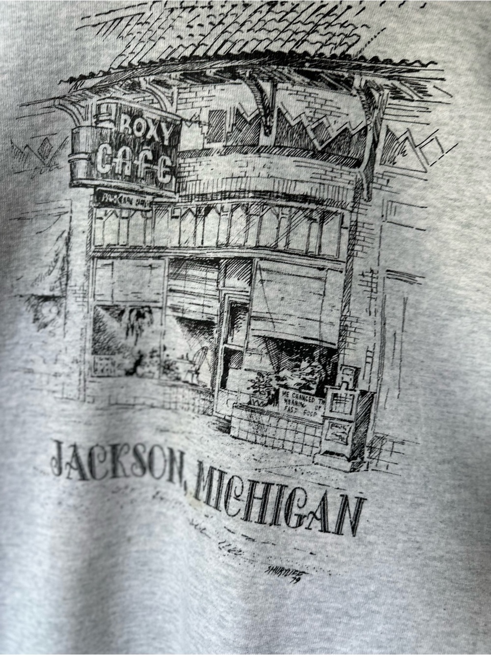 ROXY CAFE · Jackson, Michigan (2XL) Gray Vintage Graphic Cafe Sketch Tee